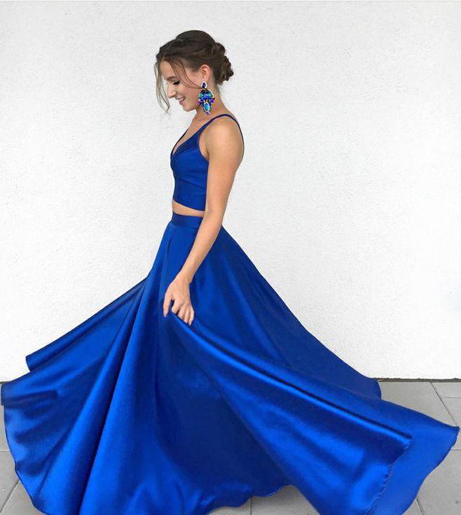 A Line Two Pieces Spaghetti Straps Simple Long Cheap V Neck Blue Sleeveless Prom Dress WK637