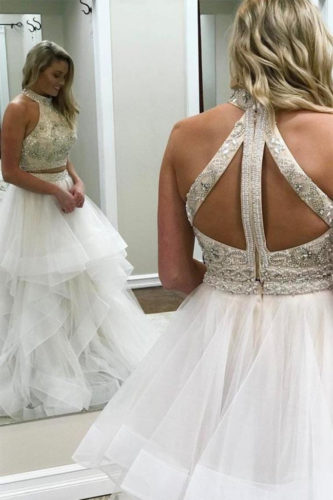 Two-Piece Scoop Prom Dresses A Line Tulle With Beads&Sequins