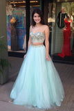 Cute Spaghetti Straps 2 Pieces Long Mint Beading Tulle Prom Gowns Prom Dresses