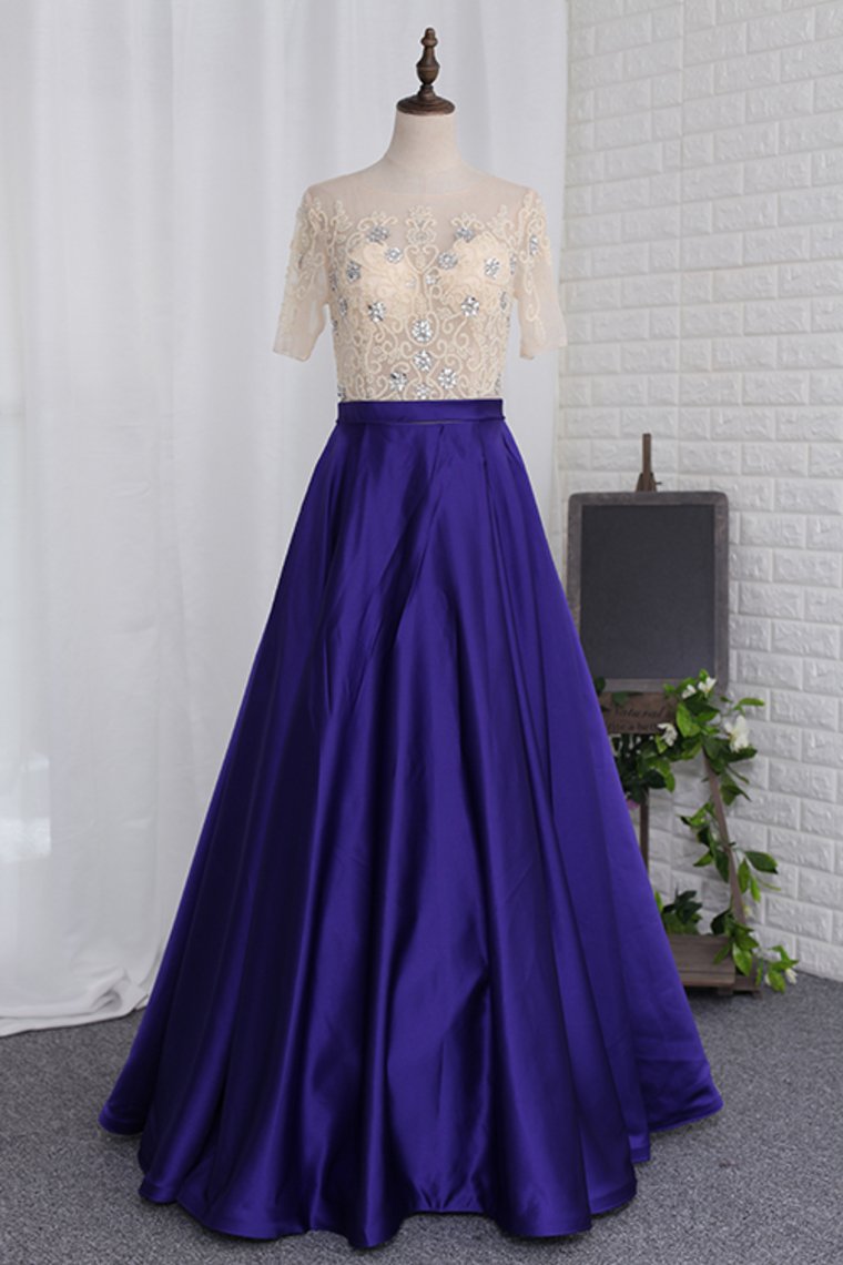 A Line Prom Dresses Scoop Beaded Bodice Short Sleeves Satin