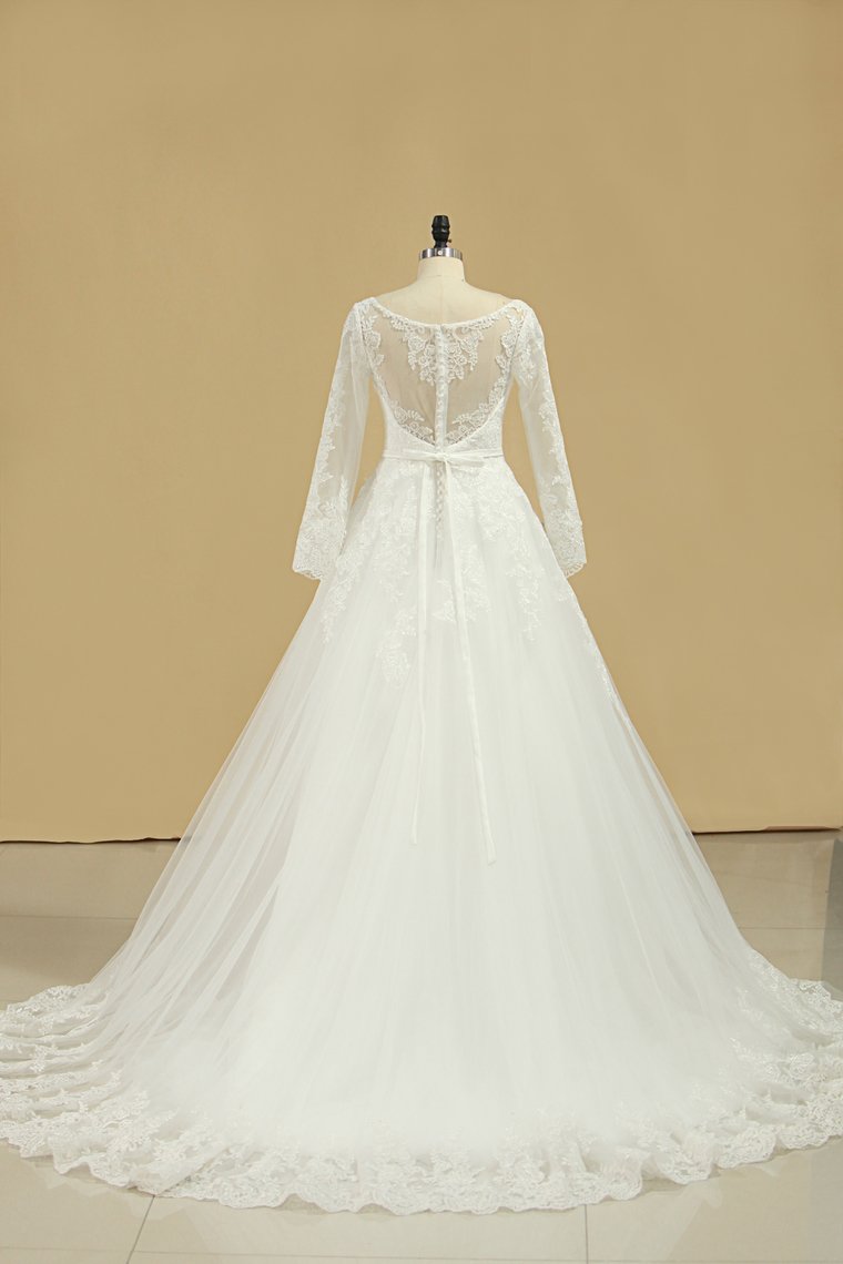 2024 A Line Long Sleeves Wedding Dresses Tulle With Applique And Sash Sweep Train