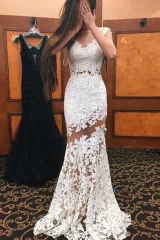 High Neck Cap Sleeves Lace Mermaid Sexy White Lace Open Back Beautiful Women Dresses WK843