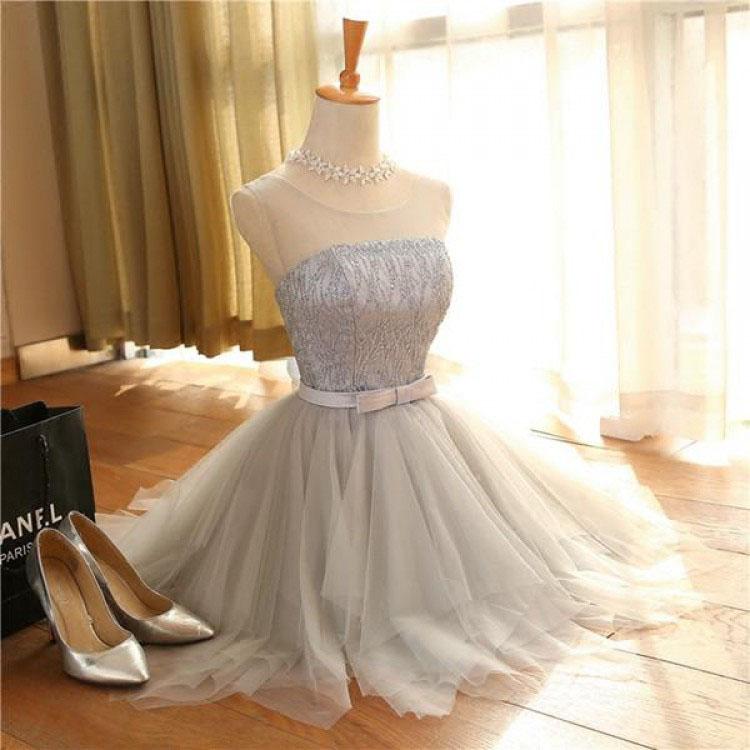 Cute A Line Sleeveless Scoop Short Silver Lace up Tulle Homecoming Dresses with Bowknot WK589