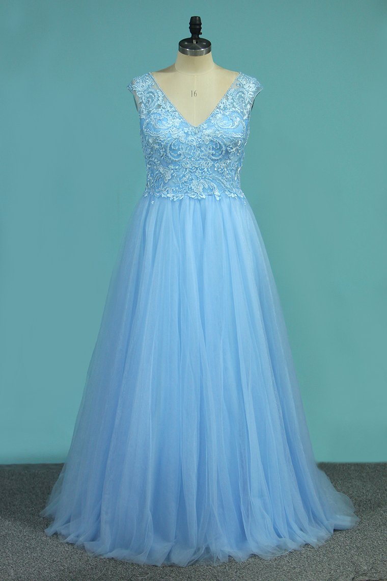 Tulle V Neck Prom Dresses A Line With Applique And Beads Floor Length