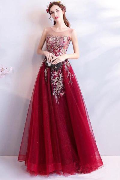 Cheap Burgundy Long Prom Dresses Lace Applique Military Ball Gown Formal SWK11490