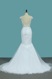Scoop Tulle Mermaid Wedding Dresses With Applique Sweep Train Open Back