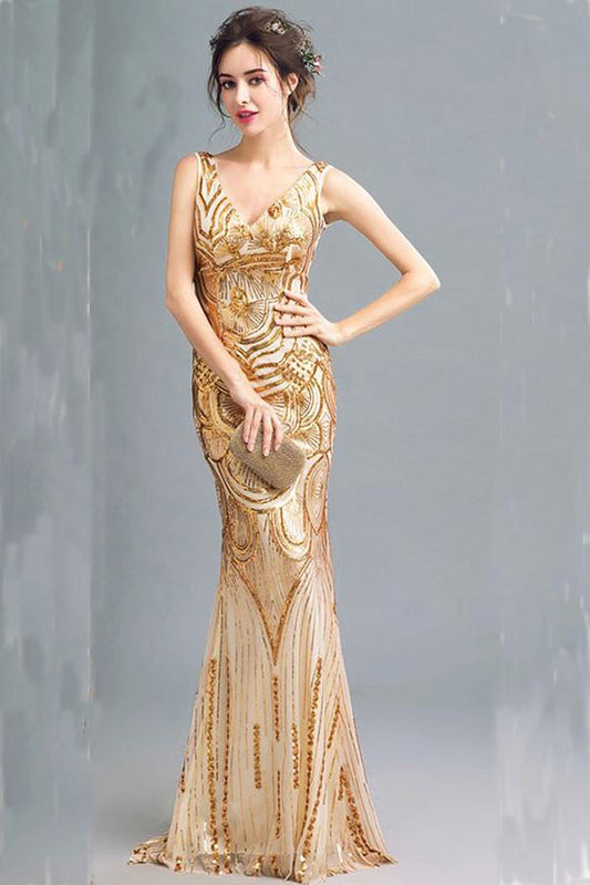 Fashion Sparkly Golden Sequins Mermaid Backless Sleeveless Floor-Length V-Neck Prom Dresses WK244