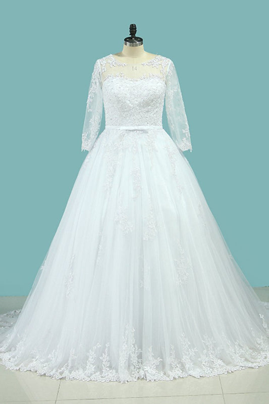 Bateau Wedding Dresses Long Sleeves A Line Court Train Tulle With Applique