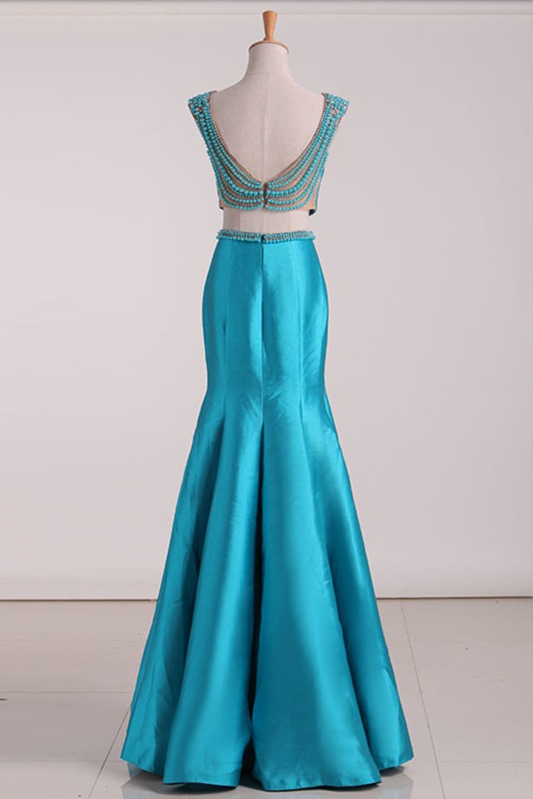 Two Pieces Prom Dresses Satin With Beading Sweep Train