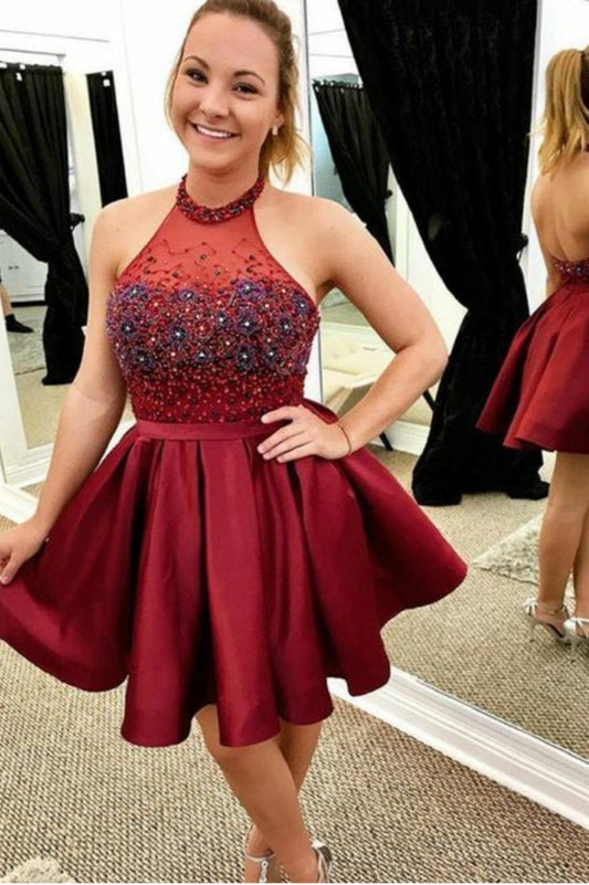 Burgundy Halter Sleeveless Backless A Line Homecoming Dresses