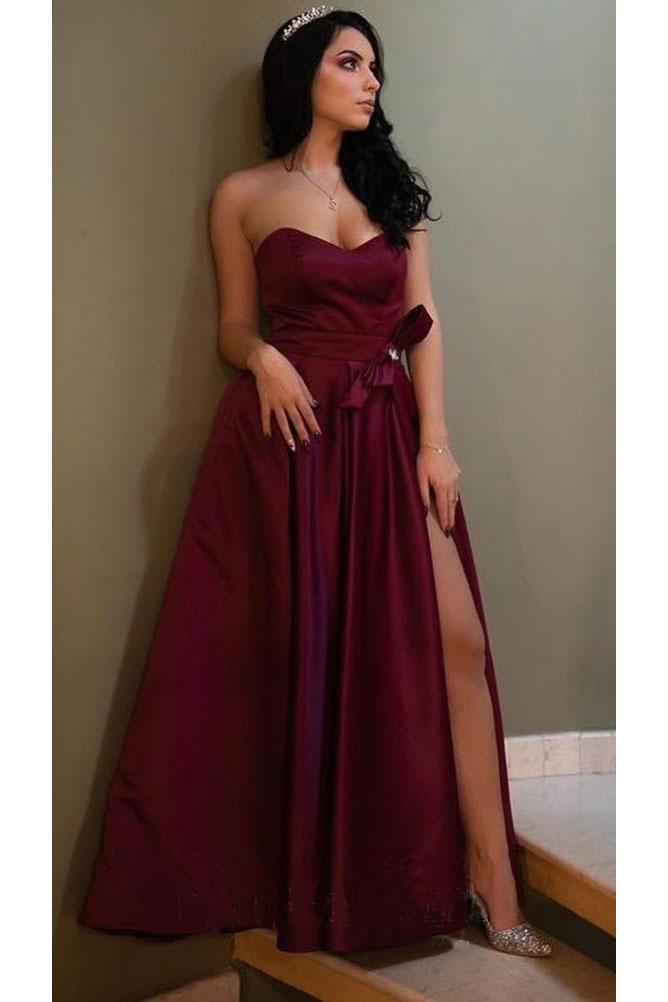 Unique A Line Burgundy Sweetheart Satin Strapless Prom Dresses, Evening SWK15676