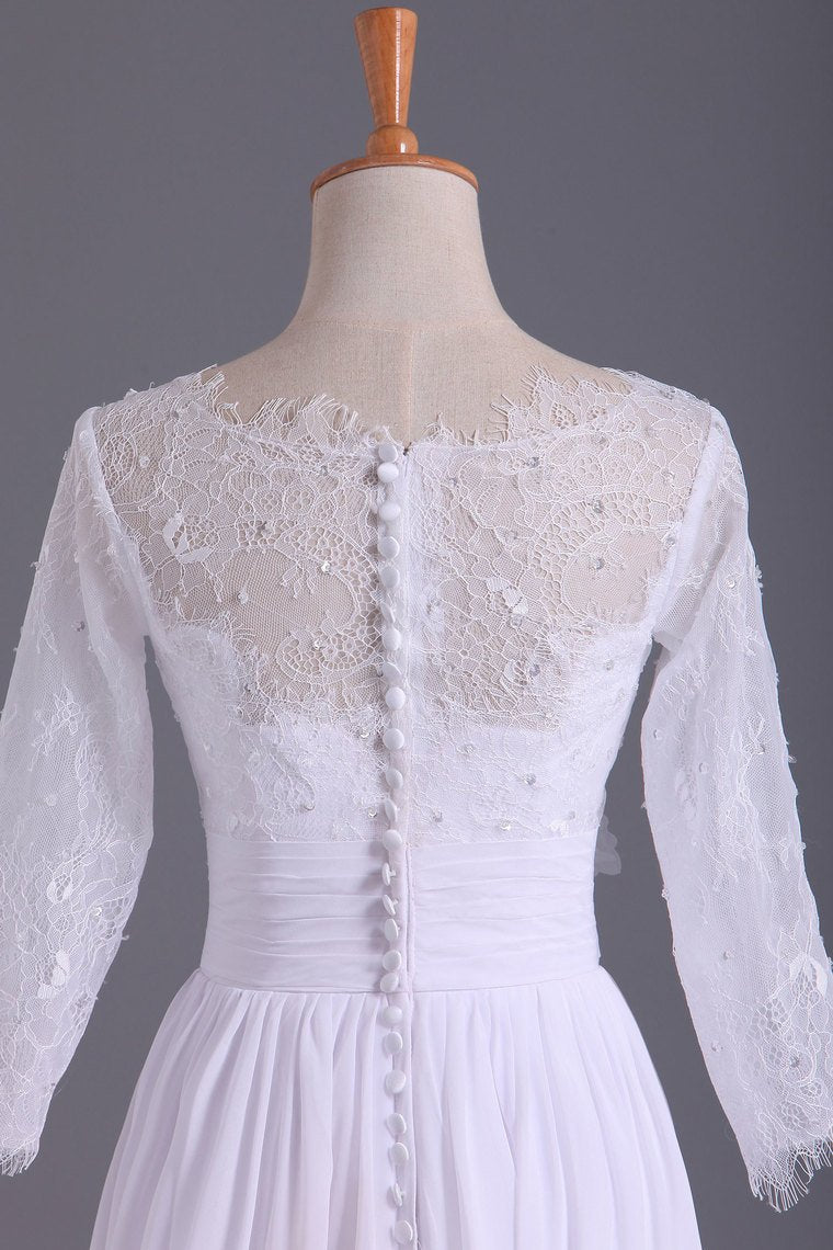 Bateau 3/4 Length Sleeve A Line Wedding Dresses Chiffon With Applique & Handmade Flower