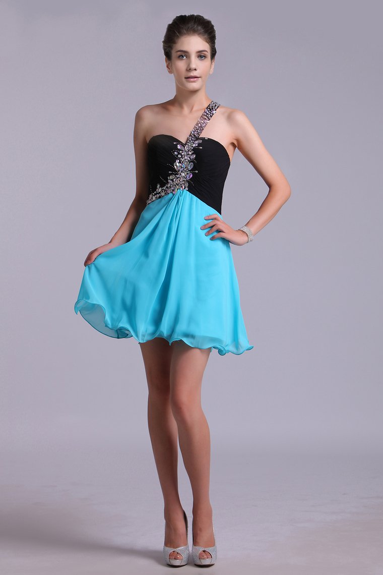 Two-Tone Homecoming Dresses One Shoulder A-Line Empire Waist Chiffon With Beads