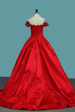 Off The Shoulder Satin Ball Gown Prom Dresses With Applique Sweep Train