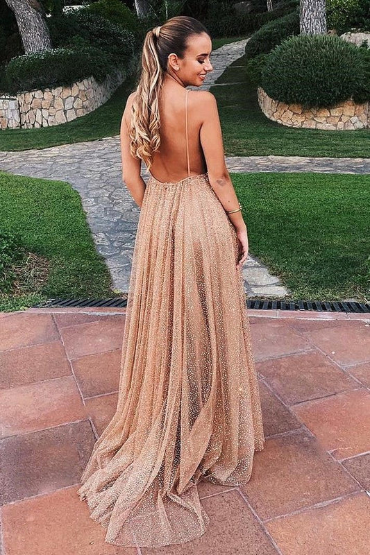 Flowy A Line Spaghetti Straps Champagne V Neck Prom Dresses with Sequins SWK15227