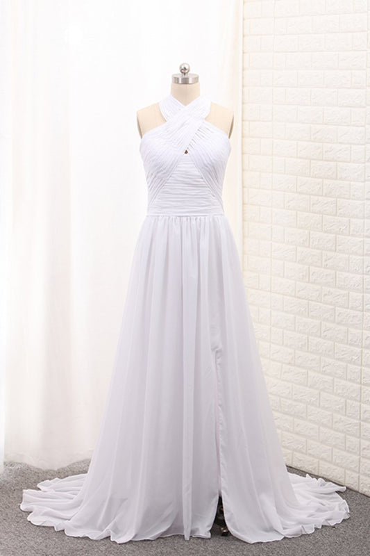 Chiffon Halter With Ruffles And Slit Court Train Wedding Dresses