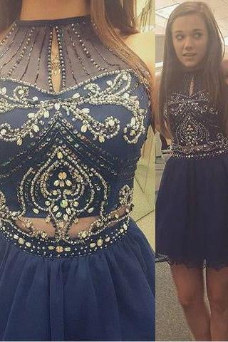 A-line High Neck Sleeveless Beaded Navy Blue Mini Chiffon Cocktail Homecoming Dress