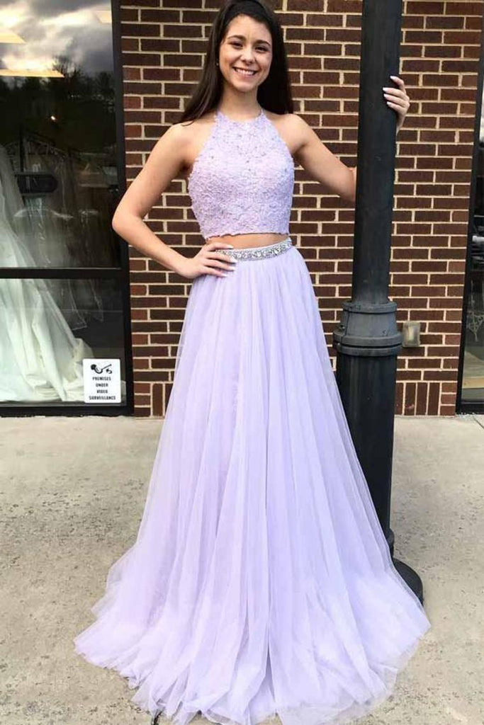 Charming 2 Pieces Long Halter Open Back Flowy Violet Tulle Beading Prom Dresses