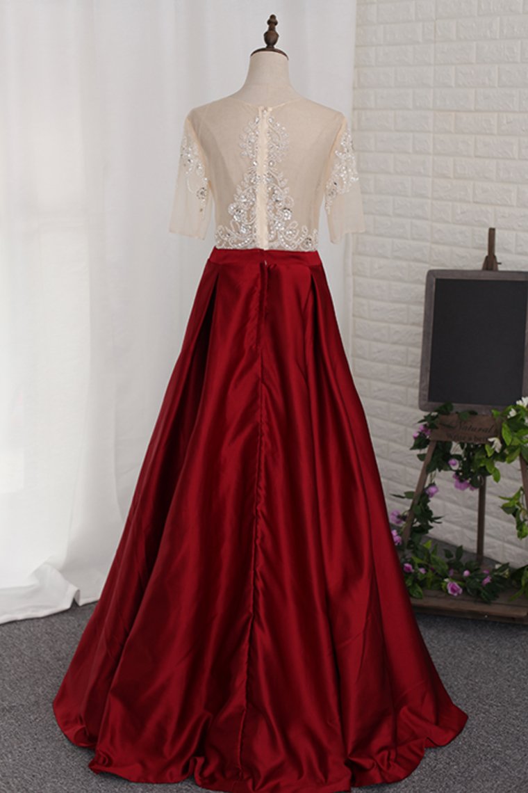 A Line Prom Dresses Scoop Beaded Bodice Short Sleeves Satin