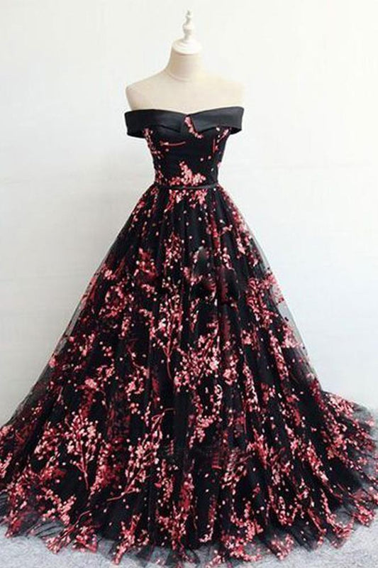 Floral Print Black Off the Shoulder Lace Appliques Prom Dresses with Lace SWK12255