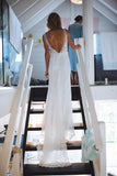Chic Ivory Mermaid V-Neck Open Back Lace Long Sleeveless Beach Wedding Dresses WK599