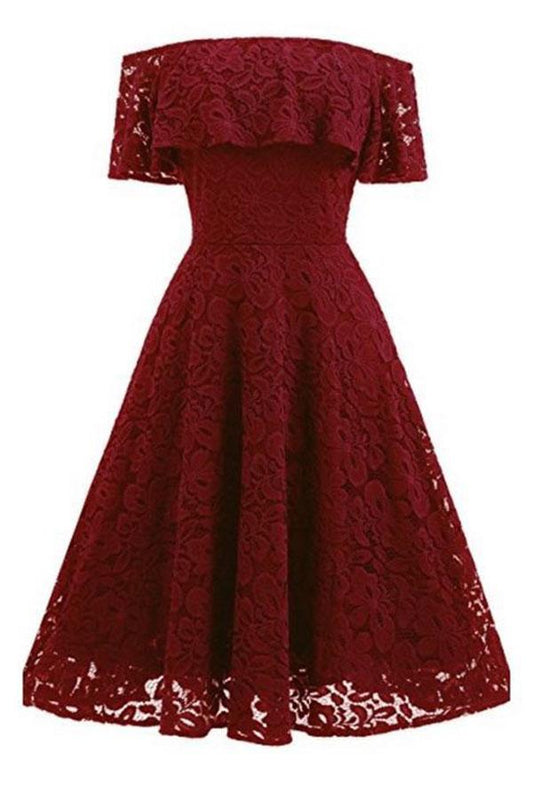 A Line Lace Strapless Off the Shoulder Burgundy Vintage Knee Length Homecoming Dress WK688