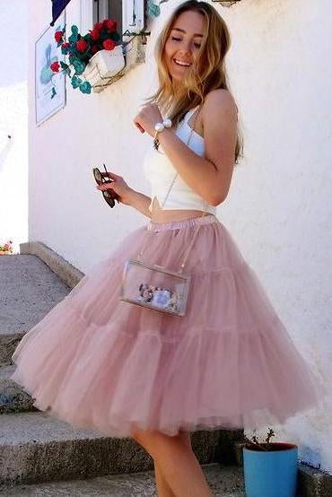 Cute Two Piece A Line Short Tulle Ruffles Scoop Knee Length Homecoming Dresses WK961