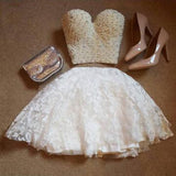 A-Line Two Pieces Sweetheart Short White Lace Knee Length Homecoming Dress with Pearls WK704