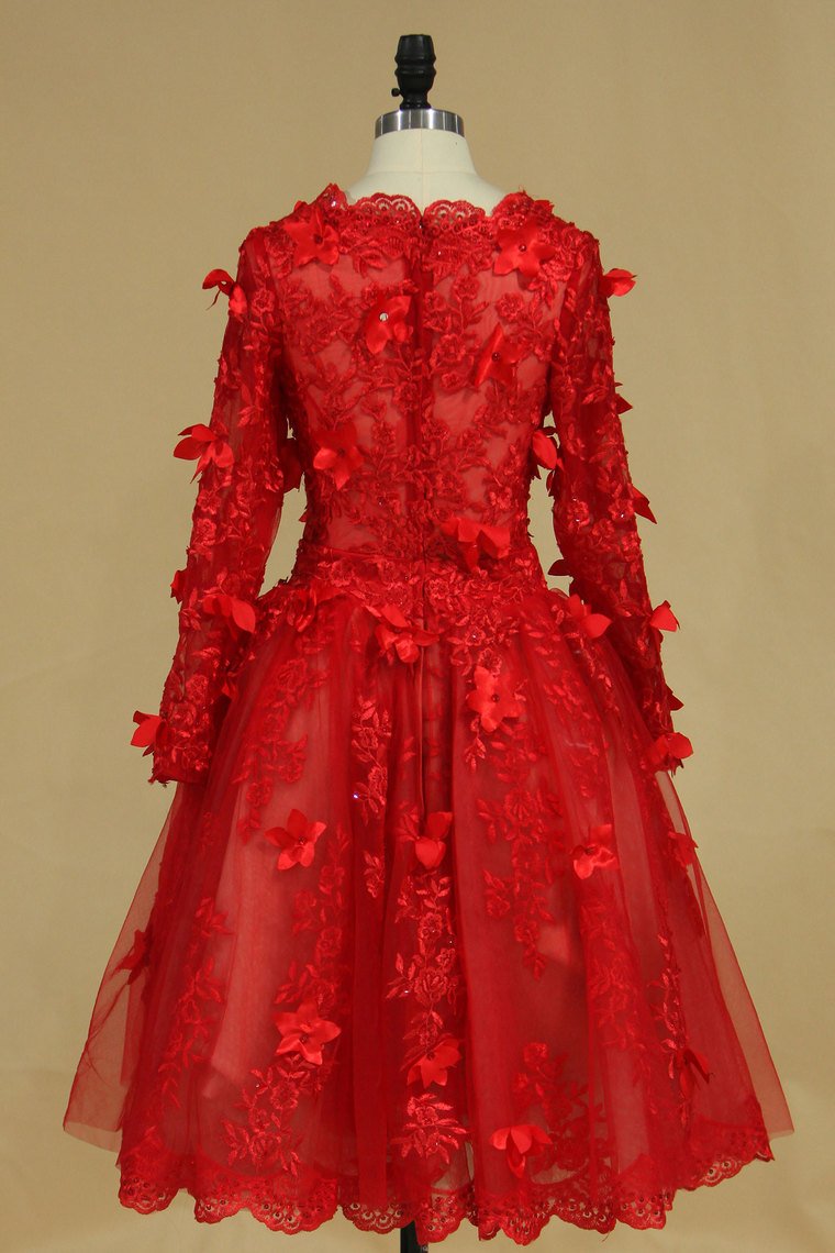 Long Sleeves Bateau Prom Dresses A Line With Applique Tulle Red