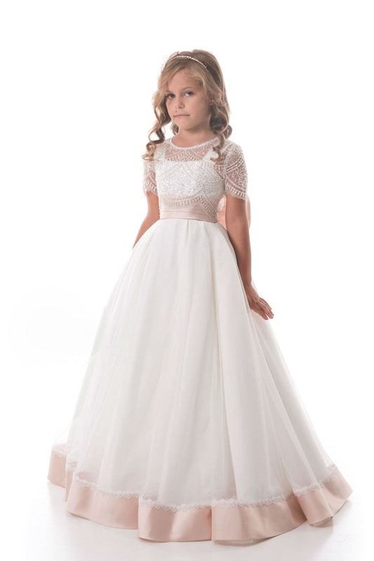Flower Girl Dresses A Line Scoop Beaded Bodice Tulle With Applique