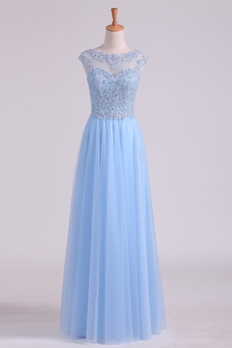 Scoop A Line Prom Dress Beaded Floor Length Pick Up Tulle Skirt With Applique