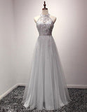 A-line Halter Sequins Tulle Floor Length Prom Dresses Evening Dresses WK553