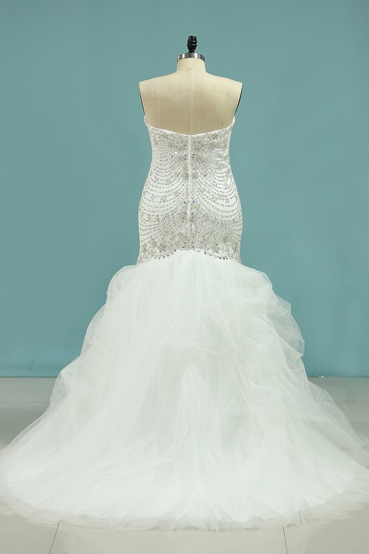 Mermaid Beaded Bodice Wedding Dresses Sweetheart Tulle Sweep Train