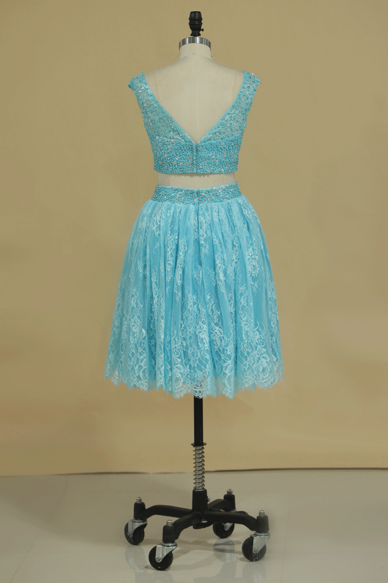 Homecoming Dresses Bateau Lace Two-Piece With Beading Short/Mini