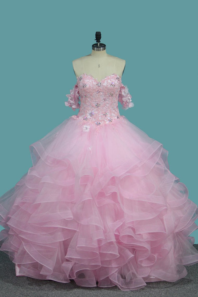 Tulle Ball Gown Sweetheart Quinceanera Dresses With Applique And Beading