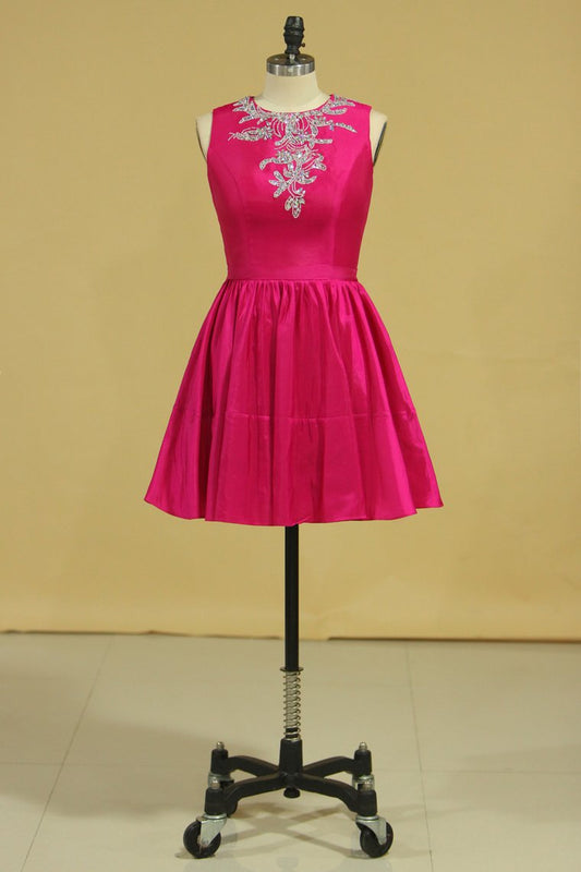 Scoop A Line Short Homecoming Dresses Taffeta Beaded With Ribbon Fuchsia