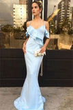 Elegant Sky Blue Spaghetti Straps Long Sheath Mermaid Long Prom Dresses