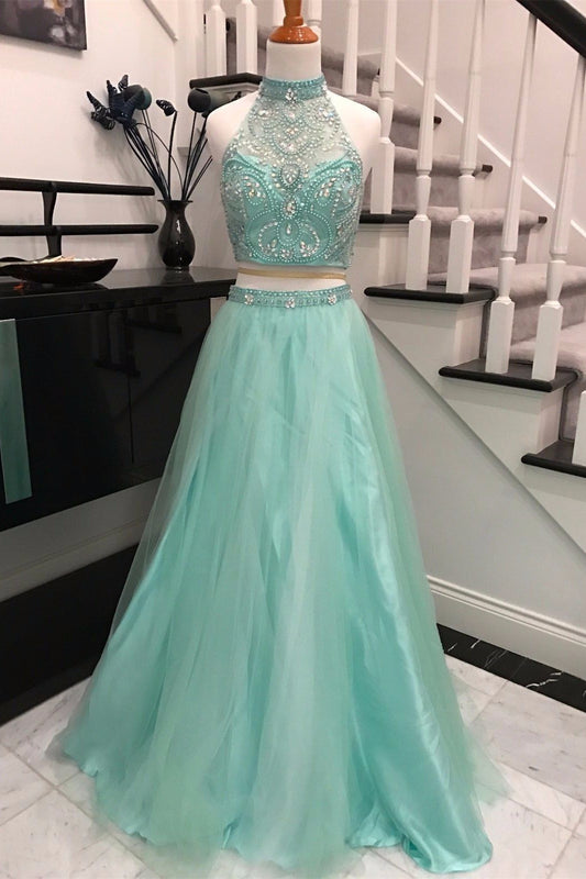Elegant Halter Two Pieces Sky Blue Backless Tulle Prom Dresses with Beading WK743