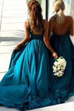 Simple Blue Long Backless Bridesmaid Dresses V Neck With Split