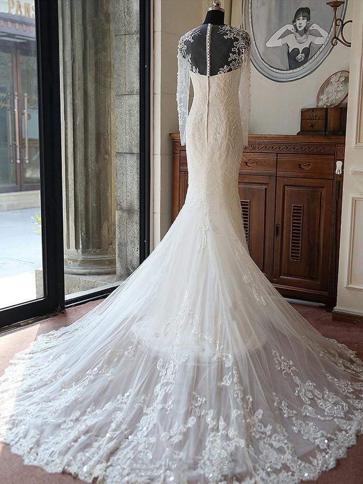 Elegant Mermaid Scoop Neck Tulle Beads Lace Appliques Chapel Train Long Sleeve Wedding Dress WK739