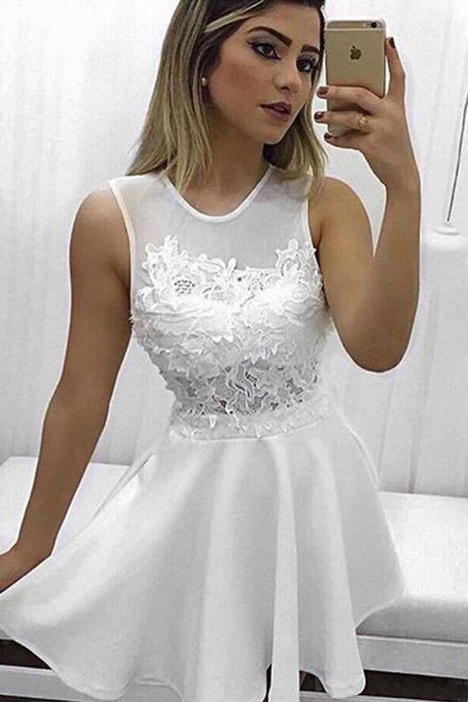 Cute A Line Round Neck Lace Appliques White Chiffon Short Homecoming Dresses WK922