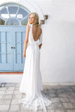 2022 Boho V-neck A-Line White Cheap Lace Chiffon Backless Sash Summer Beach Wedding Dresses WK308
