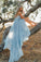 A Line Sky Blue Rustic Chiffon Deep V Neck Slit Summer Beach Wedding Dresses WK863