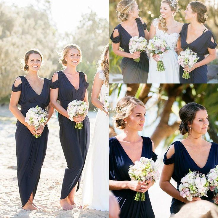 A-Line V-Neck Boho Navy Jersey Beach Cheap Popular Open Back Chiffon Bridesmaid Dresses WK516