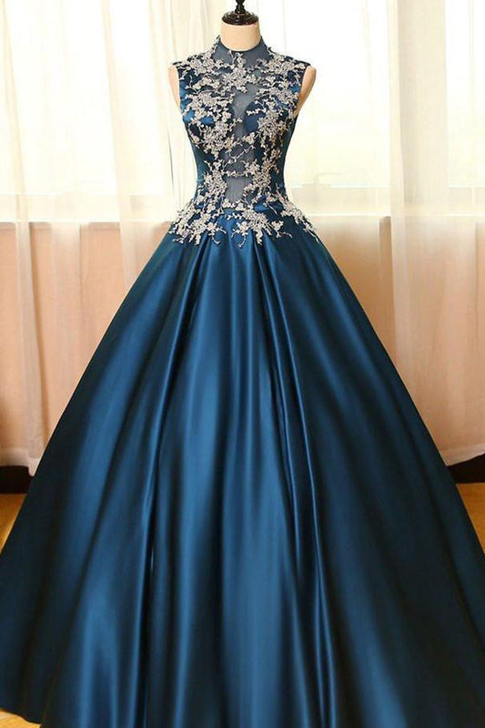 High Neck Sleeveless Appliques Ball Gown Open Back Satin Long Blue Prom Dresses WK234