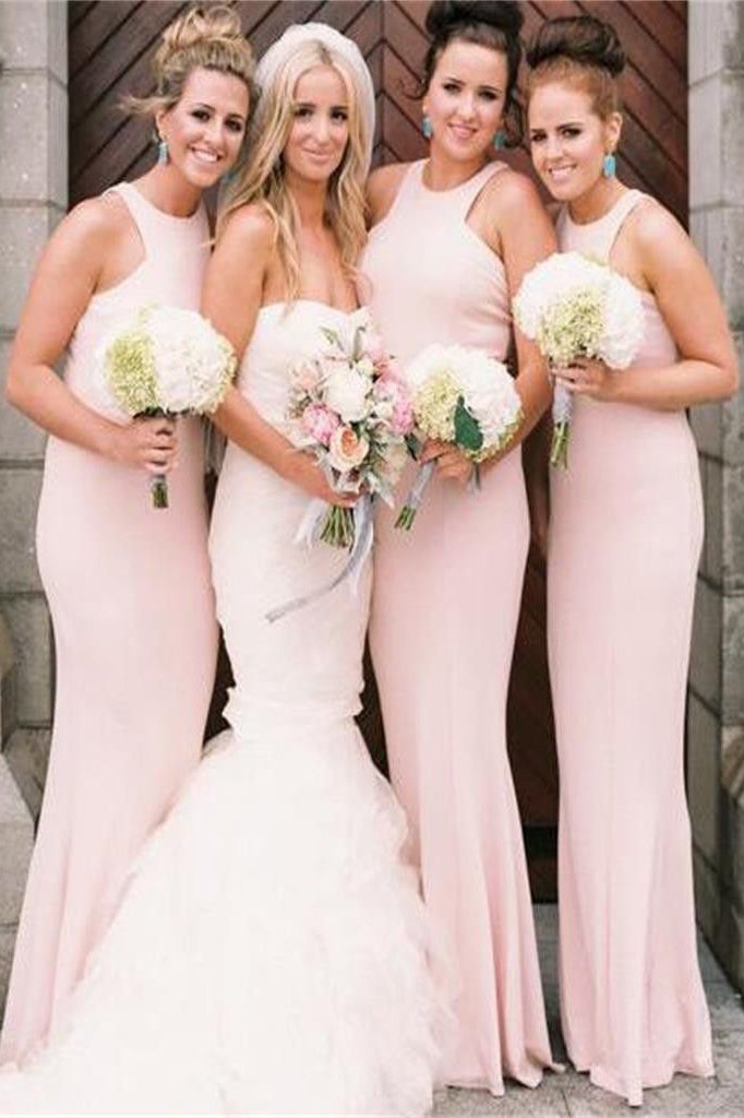 Cheap Elegant Long A-Line Halter Pink Satin Mermaid Bridesmaid Dresses WK15