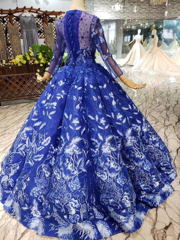 Ball Gown Blue Round Neck Prom Dresses with Beads Lace up Quinceanera Dresses WK784