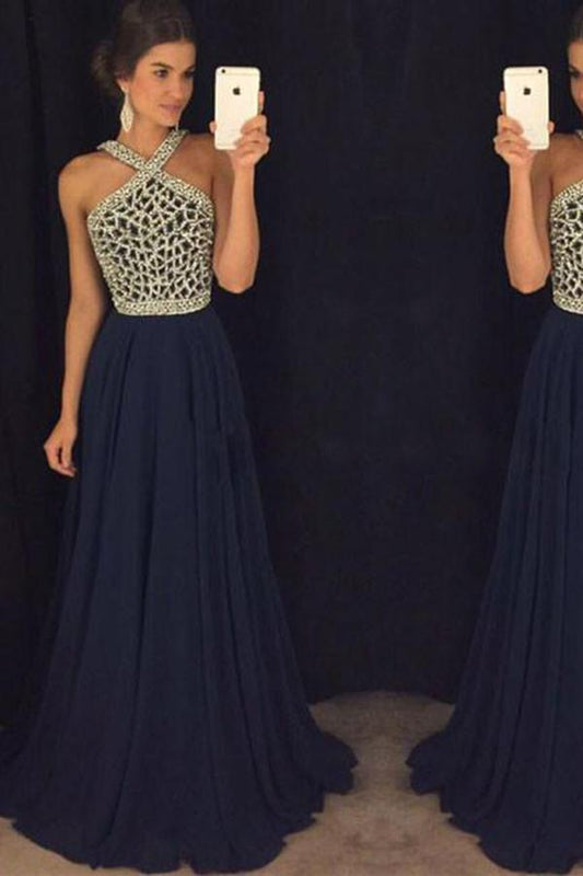 Elegant A Line Halter Dark Blue Beaded Long Chiffon Backless Long Prom Dresses WK810