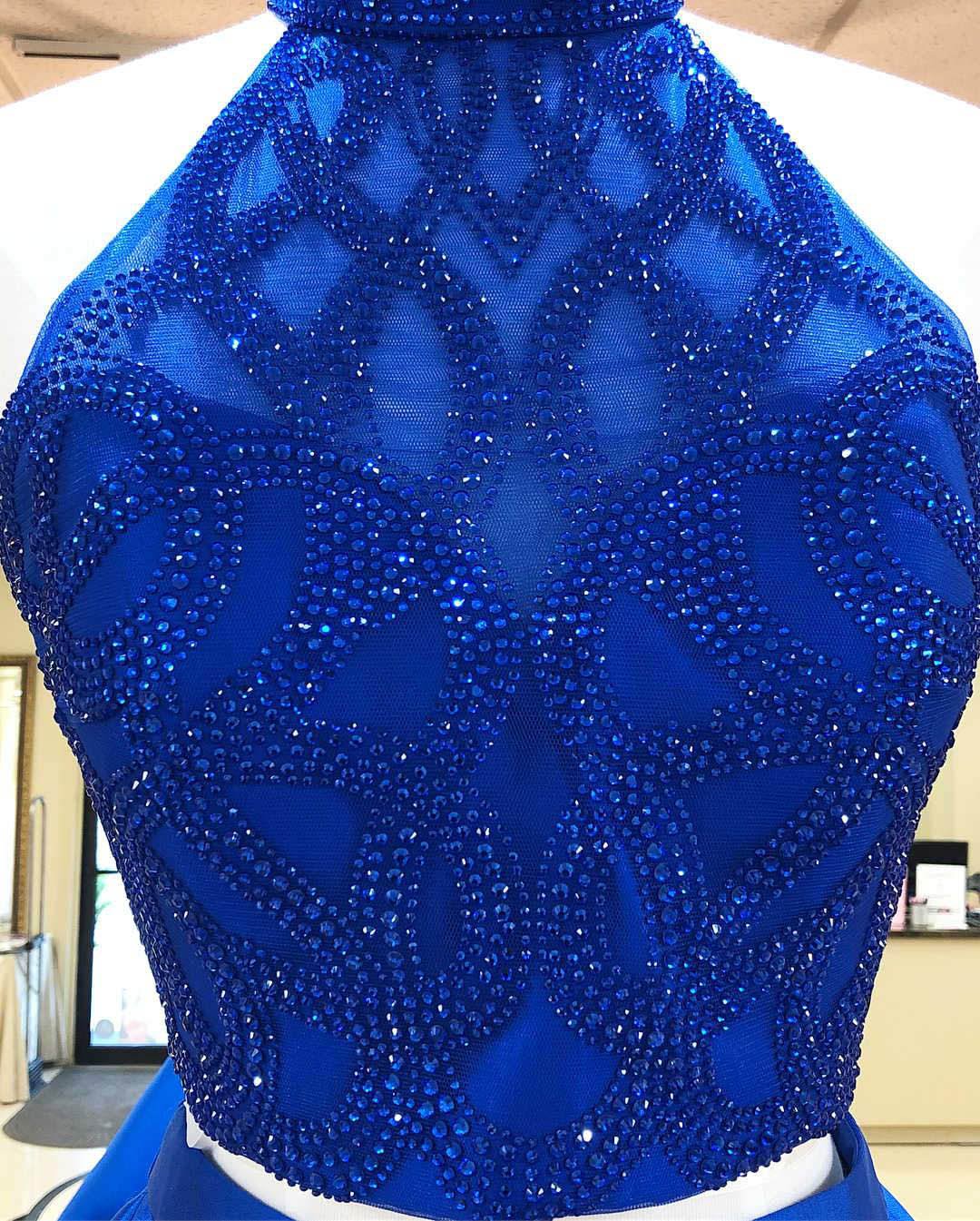 A Line Royal Blue Two Pieces Open Back Beaded Short Prom Dresses Homecoming Dresses WK993