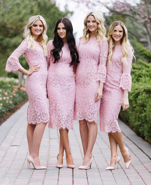 Fashion Sheath Jewel Mermaid Long Sleeves Pink Lace Knee Length Bridesmaid Dress WK580